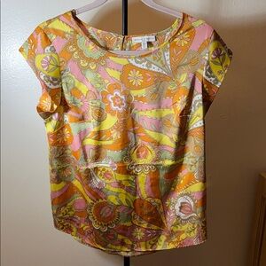 Maison Jules Paisley Cap-Sleeve Blouse in Pink, Yellow & Orange